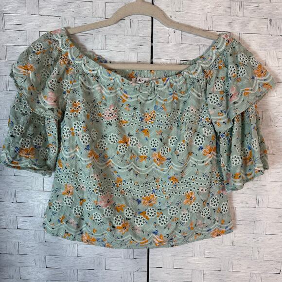 Laia women’s ruffles off shoulder eyelet mint green crop embroidered Bahamian - Picture 2 of 7